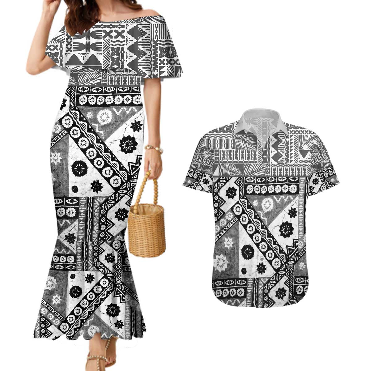 Black Bula Fiji Couples Matching Mermaid Dress and Hawaiian Shirt Unique Masi Tapa Pattern