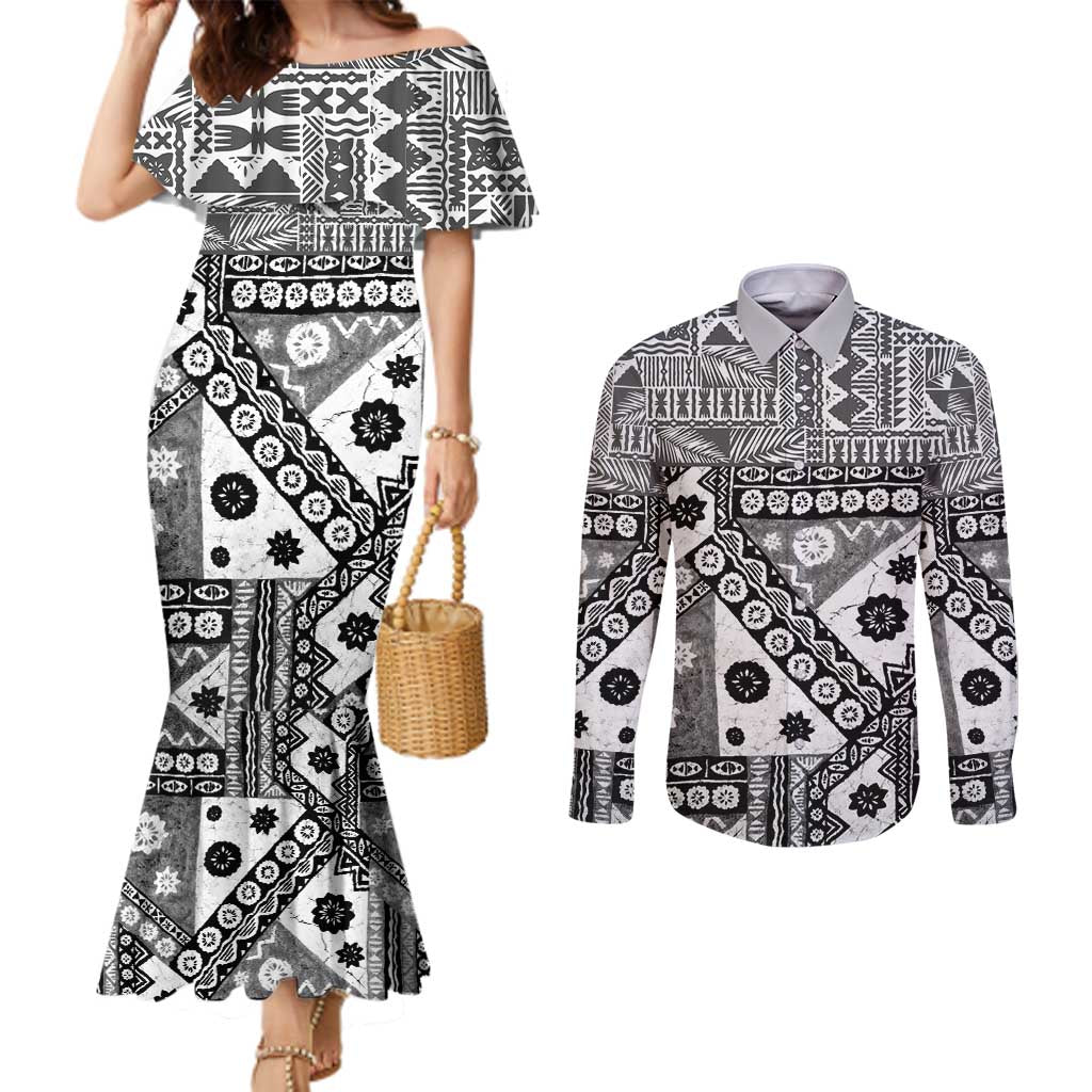 Black Bula Fiji Couples Matching Mermaid Dress and Long Sleeve Button Shirt Unique Masi Tapa Pattern