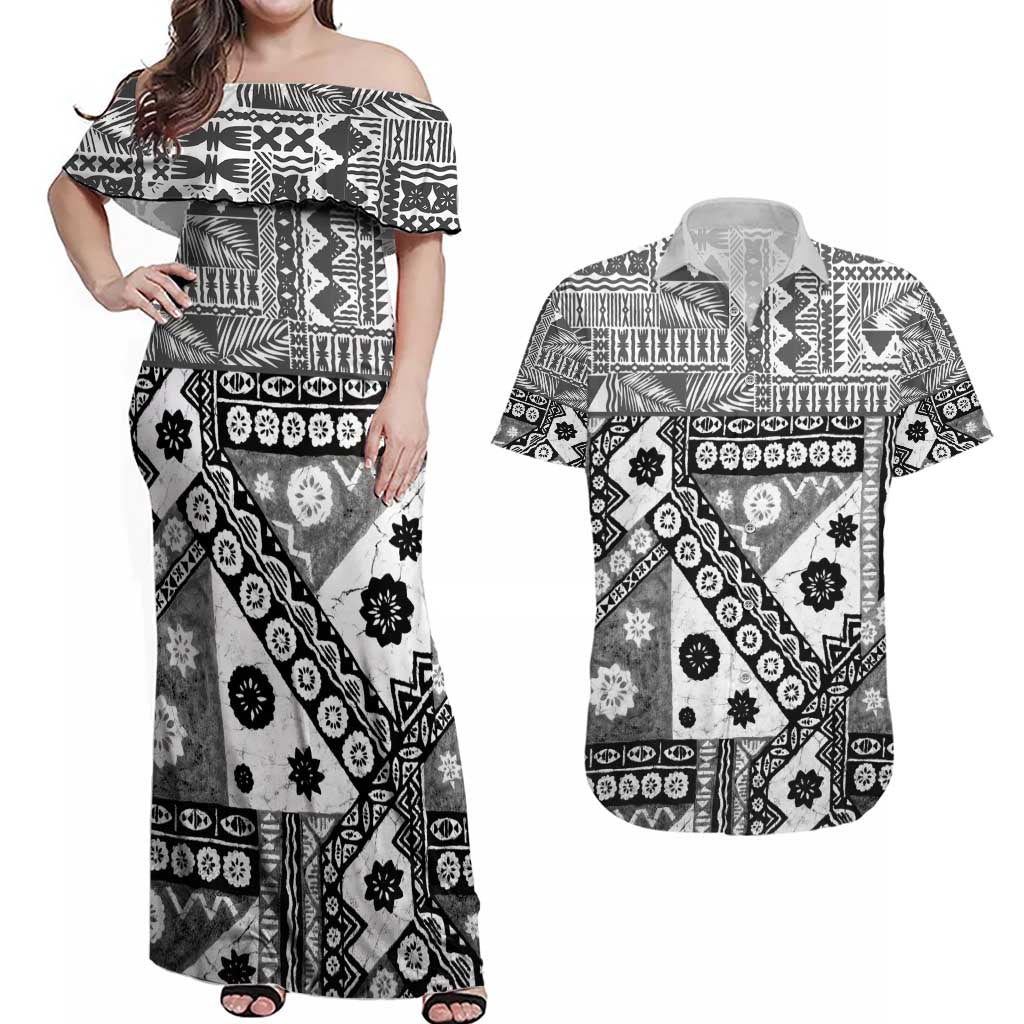 Black Bula Fiji Couples Matching Off Shoulder Maxi Dress and Hawaiian Shirt Unique Masi Tapa Pattern