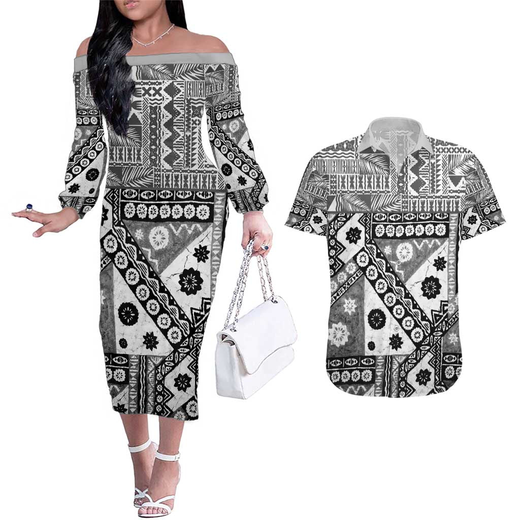 Black Bula Fiji Couples Matching Off The Shoulder Long Sleeve Dress and Hawaiian Shirt Unique Masi Tapa Pattern