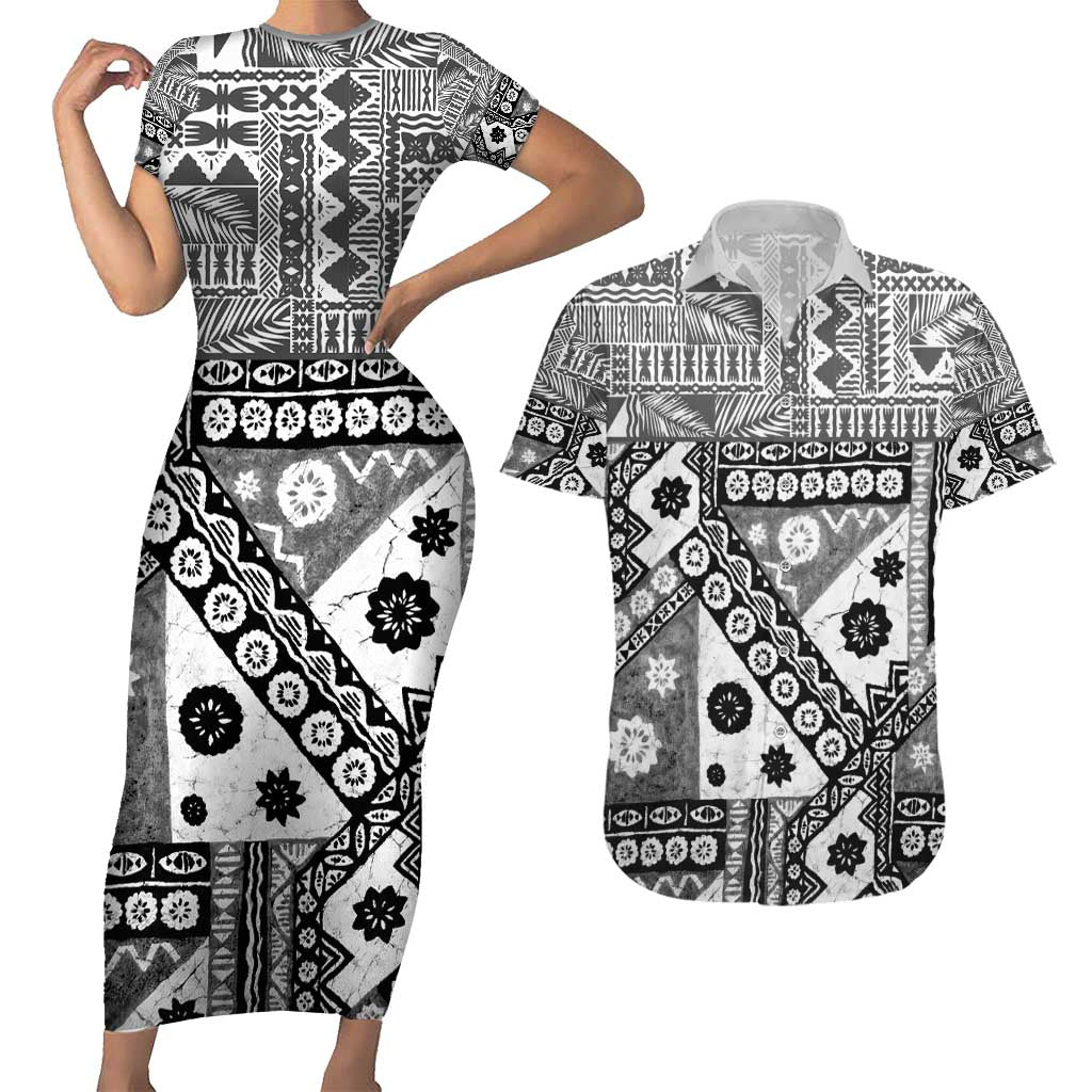 Black Bula Fiji Couples Matching Short Sleeve Bodycon Dress and Hawaiian Shirt Unique Masi Tapa Pattern