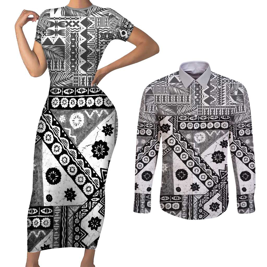 Black Bula Fiji Couples Matching Short Sleeve Bodycon Dress and Long Sleeve Button Shirt Unique Masi Tapa Pattern