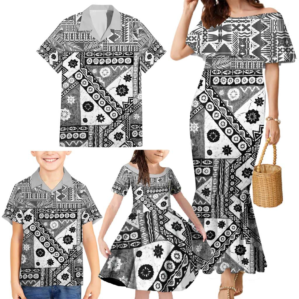 Black Bula Fiji Family Matching Mermaid Dress and Hawaiian Shirt Unique Masi Tapa Pattern