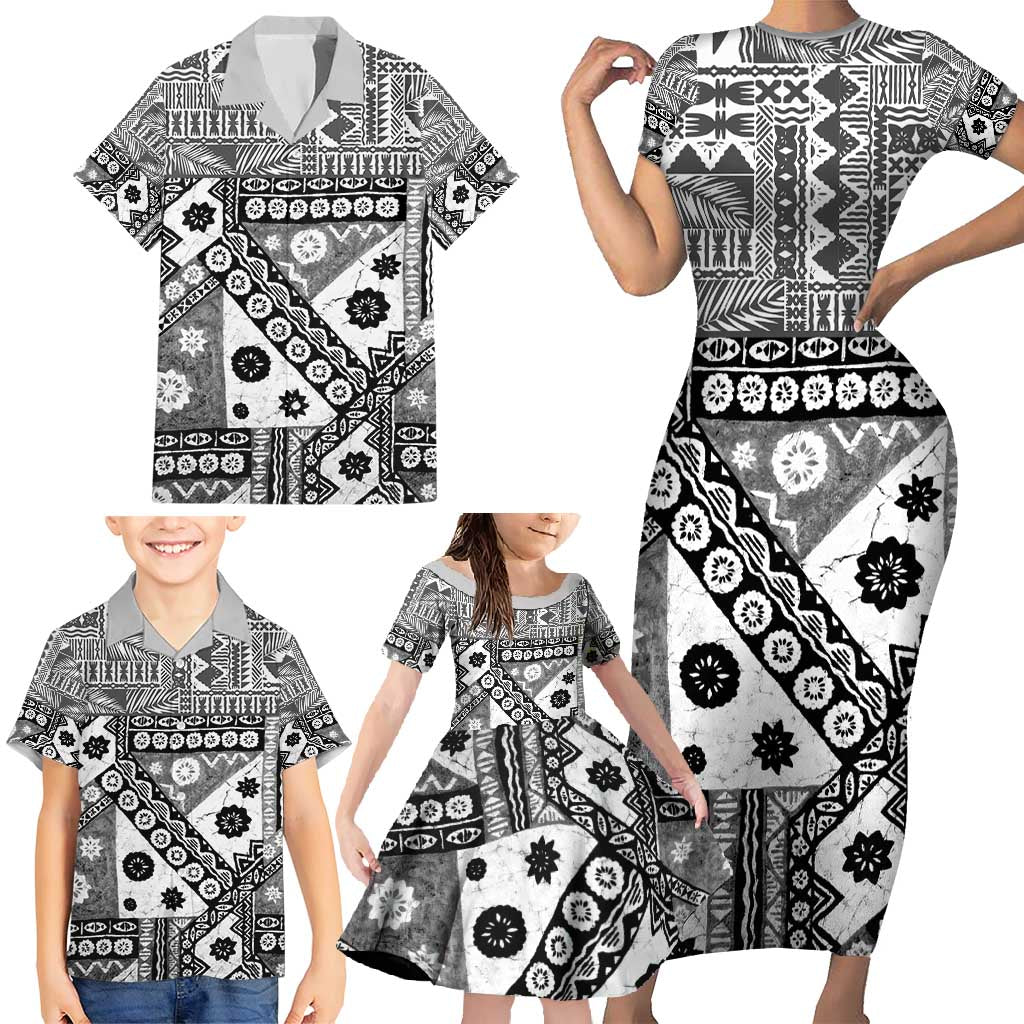 Black Bula Fiji Family Matching Short Sleeve Bodycon Dress and Hawaiian Shirt Unique Masi Tapa Pattern