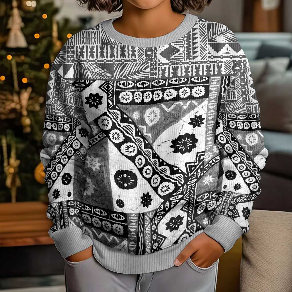 Black Bula Fiji Kid Ugly Christmas Sweater Unique Masi Tapa Pattern LT14 - Polynesian Pride