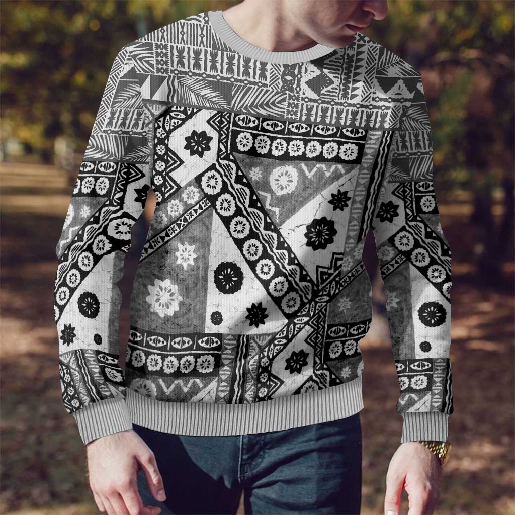 Black Bula Fiji Ugly Christmas Sweater Unique Masi Tapa Pattern LT14 - Polynesian Pride