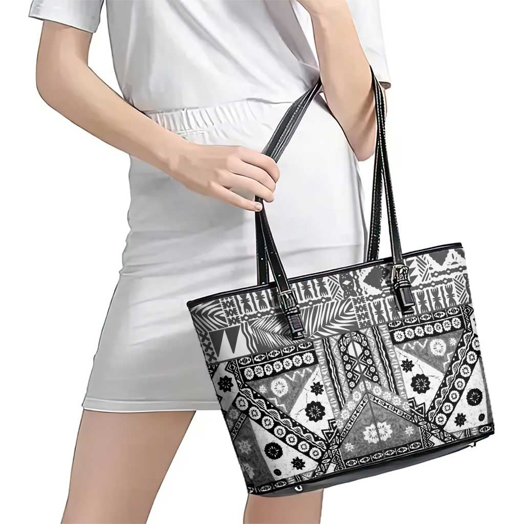 Black Bula Fiji Leather Tote Bag Unique Masi Tapa Pattern LT14 - Polynesian Pride