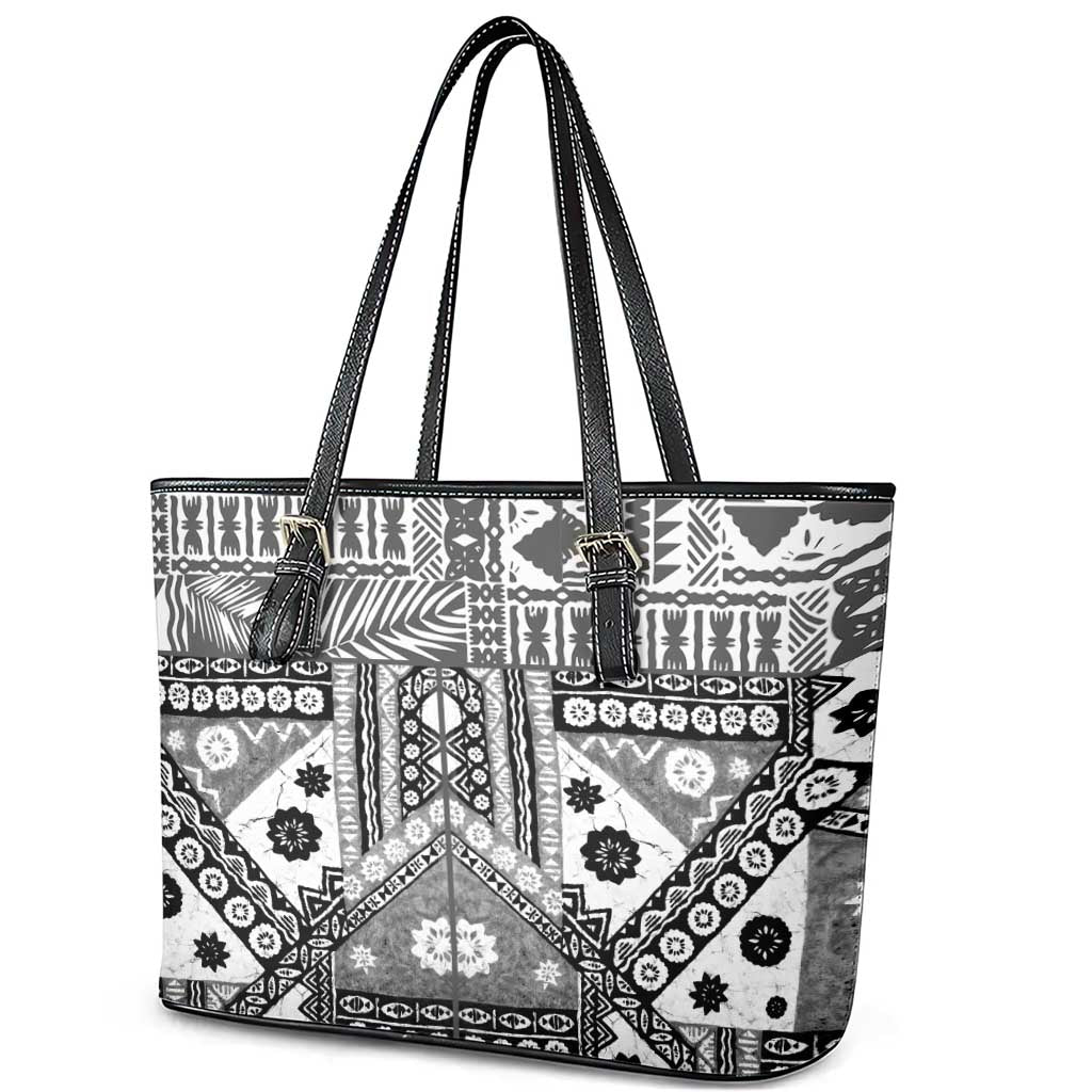 Black Bula Fiji Leather Tote Bag Unique Masi Tapa Pattern LT14 - Polynesian Pride