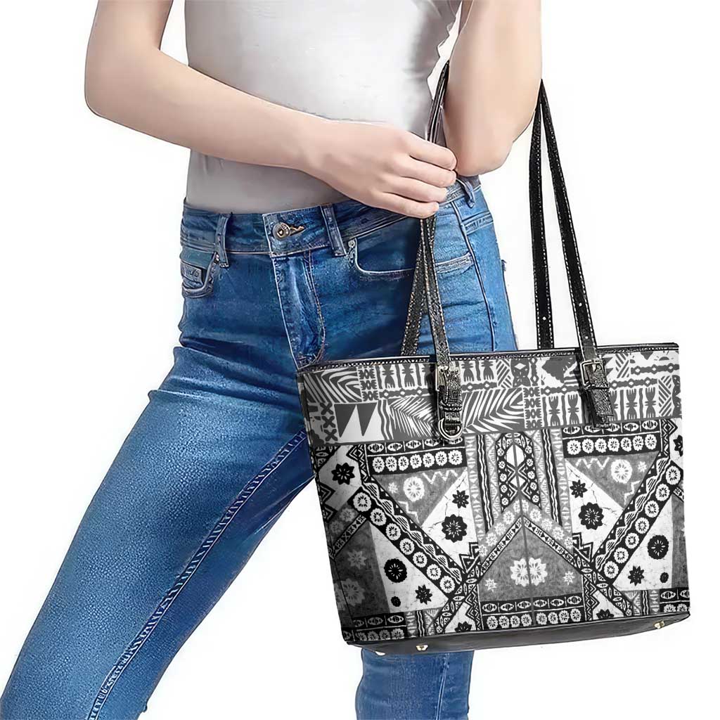 Black Bula Fiji Leather Tote Bag Unique Masi Tapa Pattern LT14 - Polynesian Pride