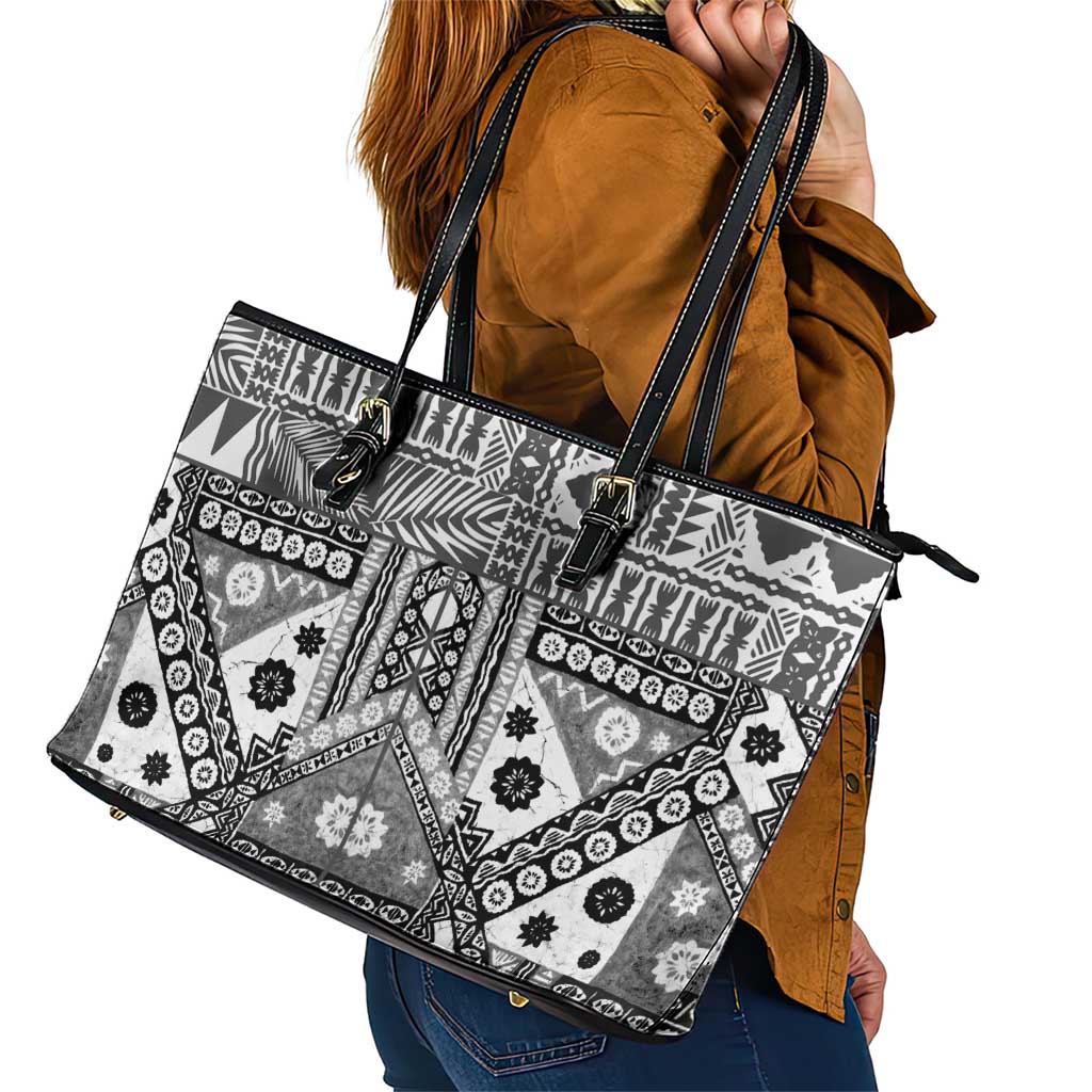Black Bula Fiji Leather Tote Bag Unique Masi Tapa Pattern LT14 - Polynesian Pride