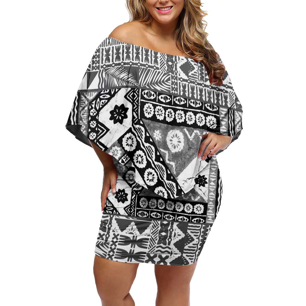 Black Bula Fiji Off Shoulder Short Dress Unique Masi Tapa Pattern LT14 Women Black - Polynesian Pride