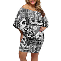 Black Bula Fiji Off Shoulder Short Dress Unique Masi Tapa Pattern LT14 Women Black - Polynesian Pride
