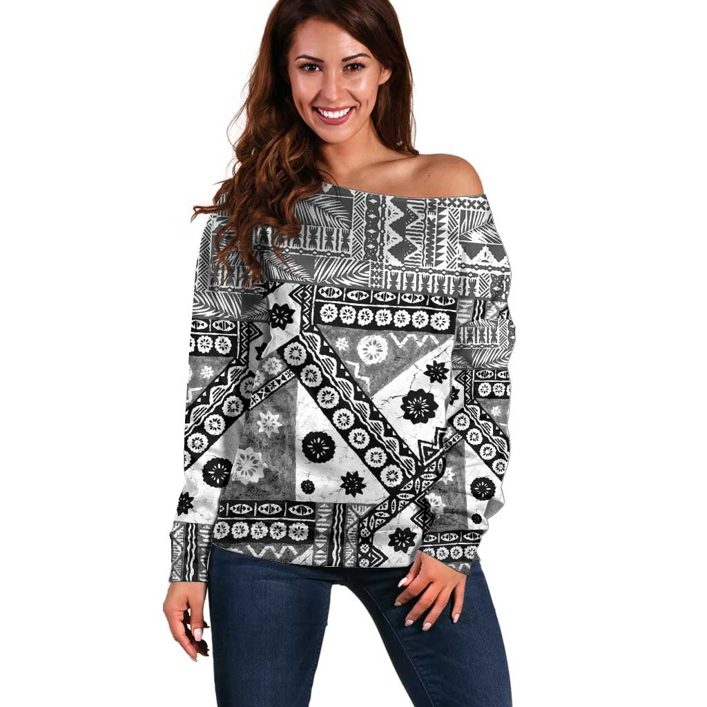 Black Bula Fiji Off Shoulder Sweater Unique Masi Tapa Pattern LT14 Women Black - Polynesian Pride