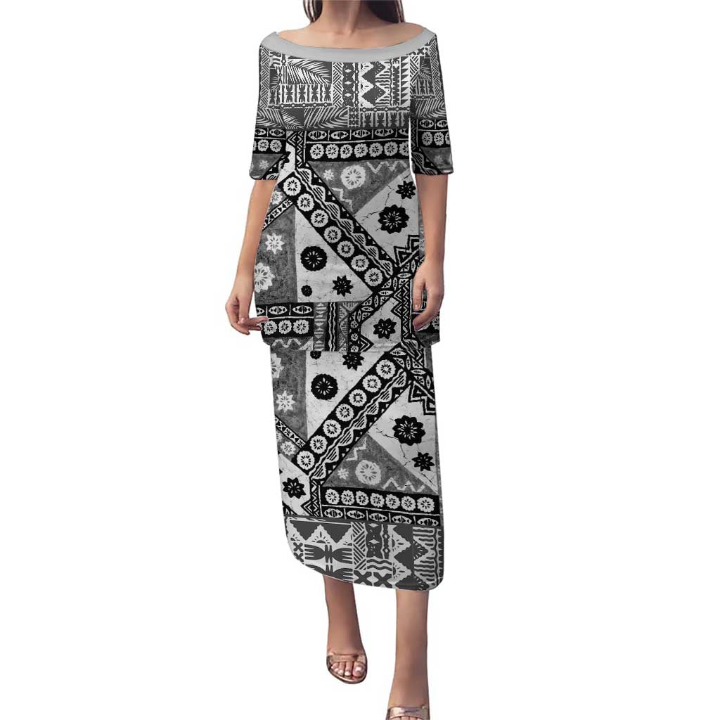 Black Bula Fiji Puletasi Unique Masi Tapa Pattern LT14 Long Dress Black - Polynesian Pride