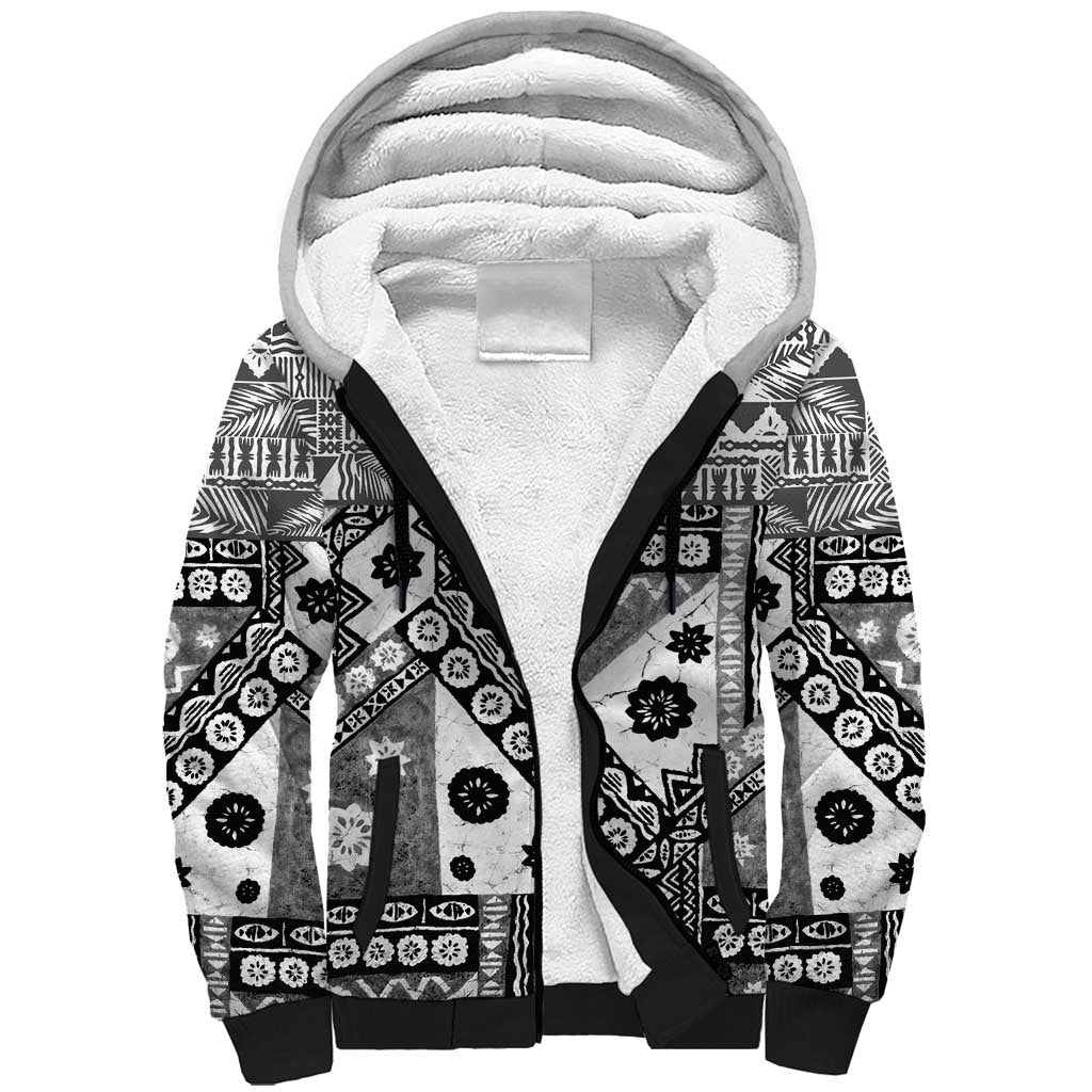 Black Bula Fiji Sherpa Hoodie Unique Masi Tapa Pattern