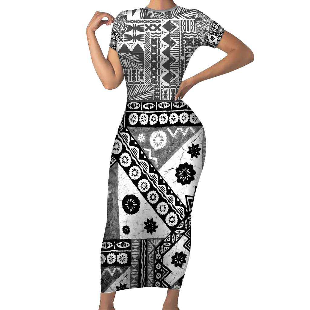 Black Bula Fiji Short Sleeve Bodycon Dress Unique Masi Tapa Pattern LT14 Long Dress Black - Polynesian Pride