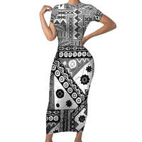 Black Bula Fiji Short Sleeve Bodycon Dress Unique Masi Tapa Pattern LT14 Long Dress Black - Polynesian Pride