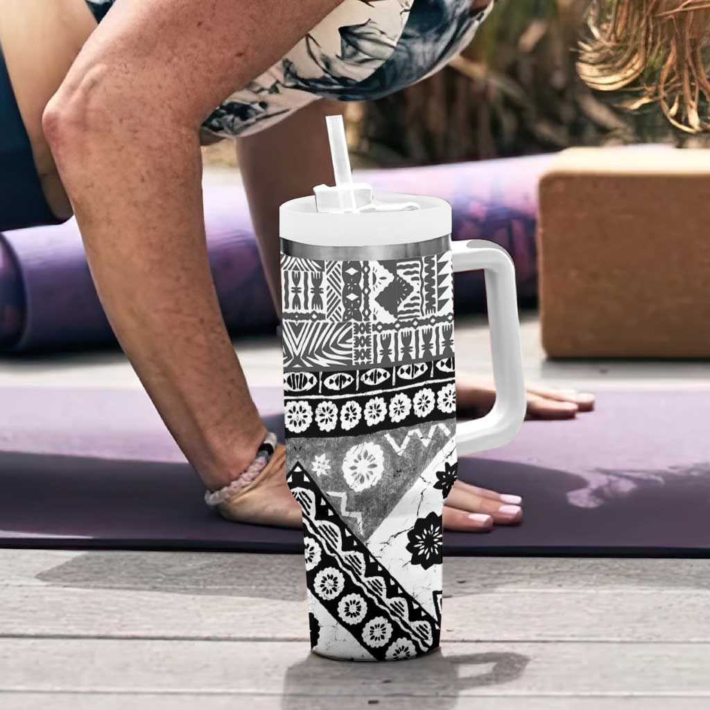 Black Bula Fiji Tumbler With Handle Unique Masi Tapa Pattern LT14 - Polynesian Pride