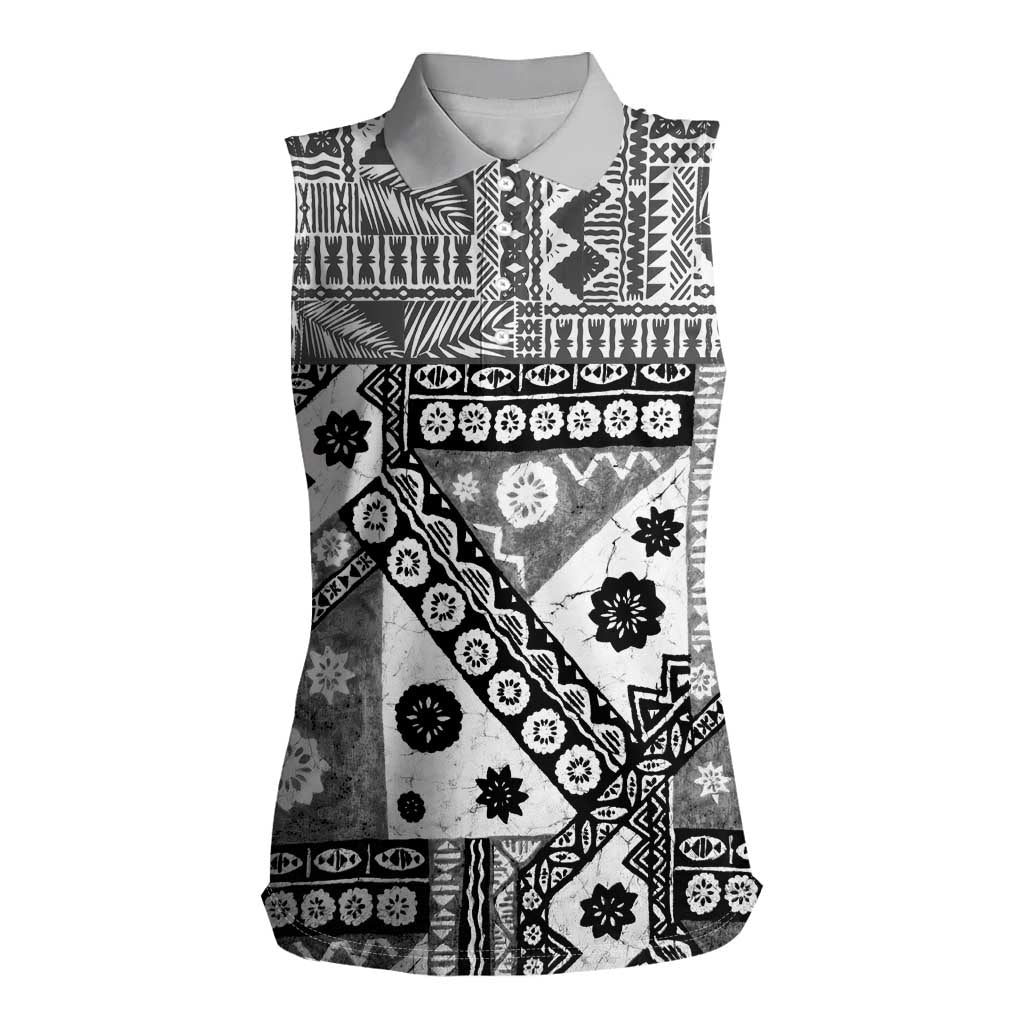 Black Bula Fiji Women Sleeveless Polo Shirt Unique Masi Tapa Pattern