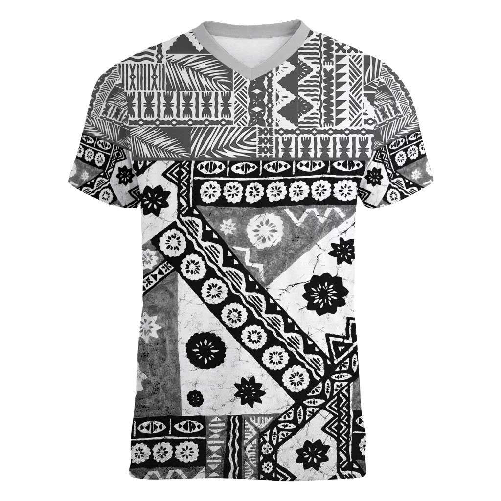 Black Bula Fiji Women V-Neck T-Shirt Unique Masi Tapa Pattern