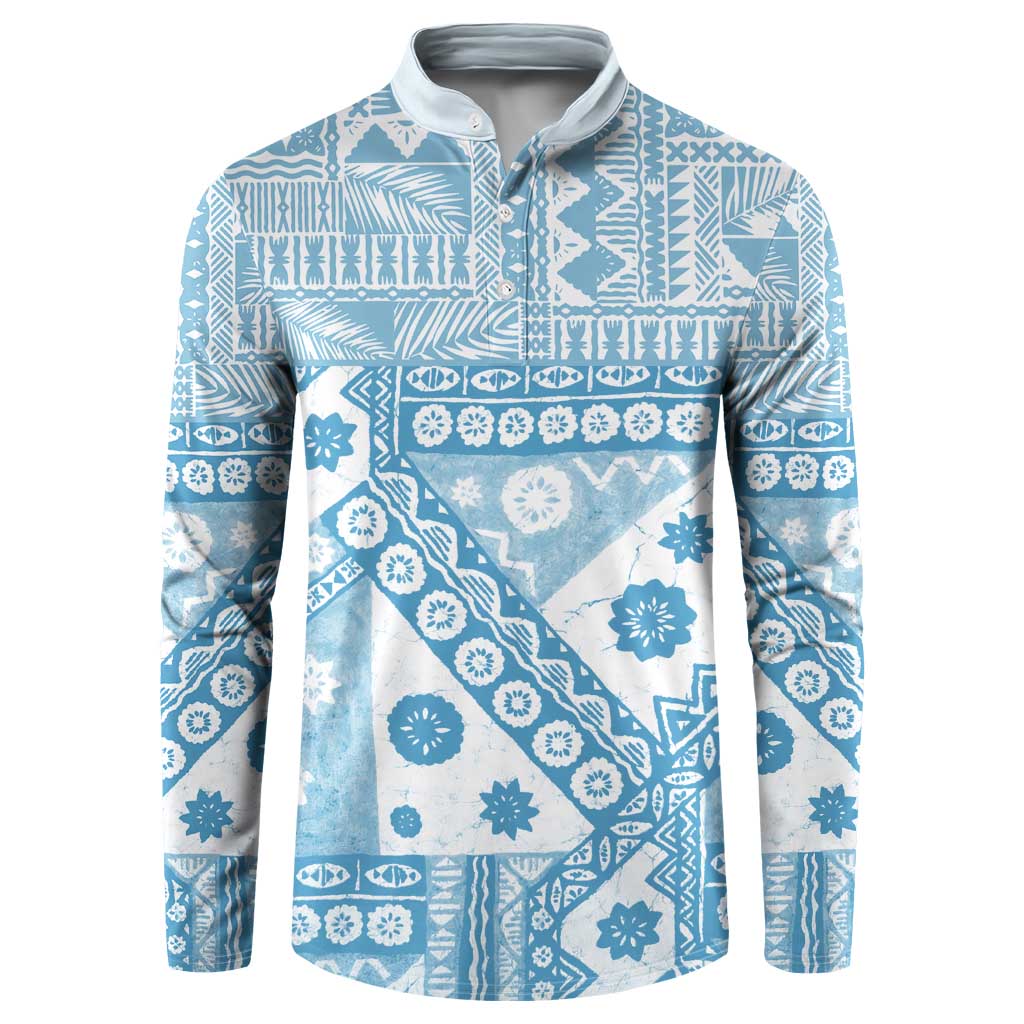 Blue Bula Fiji Button Sweatshirt Unique Masi Tapa Pattern LT14 Blue - Polynesian Pride