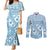 Blue Bula Fiji Couples Matching Mermaid Dress and Long Sleeve Button Shirt Unique Masi Tapa Pattern