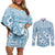 Blue Bula Fiji Couples Matching Off Shoulder Short Dress and Long Sleeve Button Shirt Unique Masi Tapa Pattern