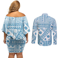 Blue Bula Fiji Couples Matching Off Shoulder Short Dress and Long Sleeve Button Shirt Unique Masi Tapa Pattern LT14 - Polynesian Pride