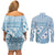 Blue Bula Fiji Couples Matching Off Shoulder Short Dress and Long Sleeve Button Shirt Unique Masi Tapa Pattern