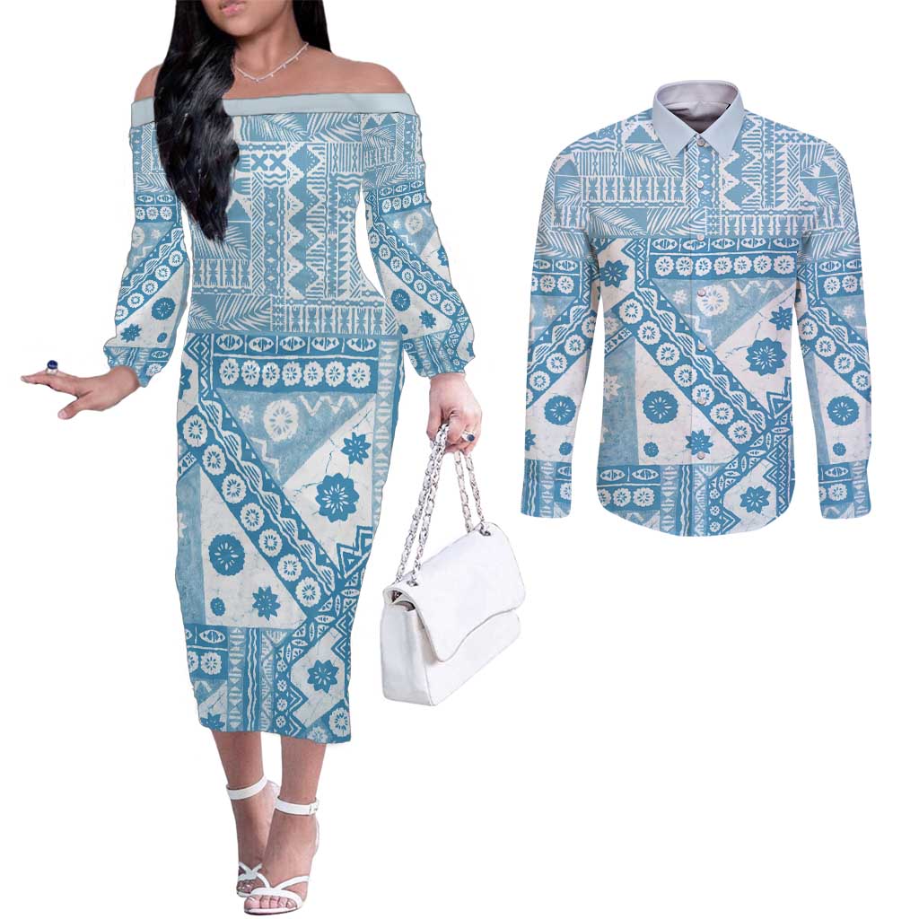 Blue Bula Fiji Couples Matching Off The Shoulder Long Sleeve Dress and Long Sleeve Button Shirt Unique Masi Tapa Pattern