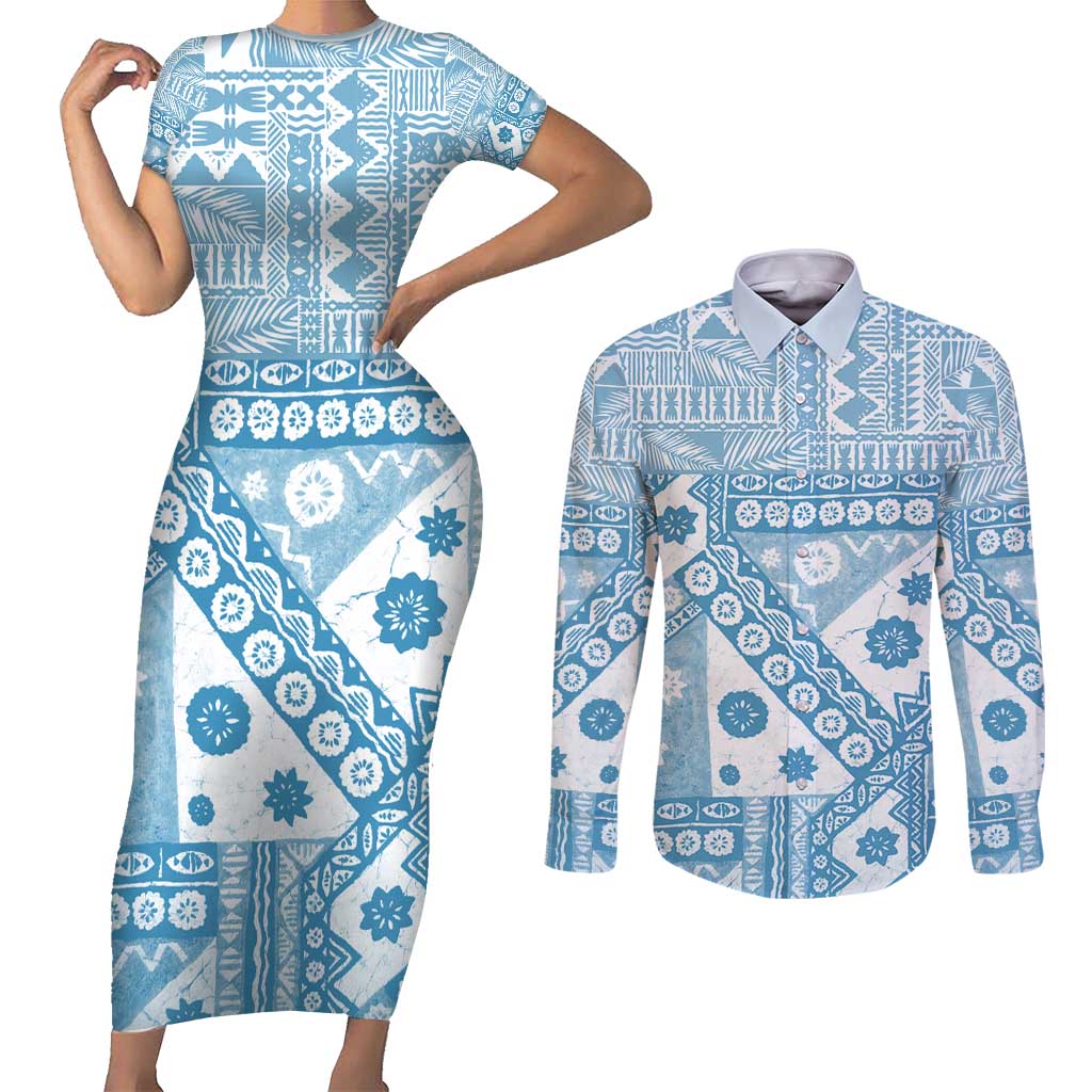 Blue Bula Fiji Couples Matching Short Sleeve Bodycon Dress and Long Sleeve Button Shirt Unique Masi Tapa Pattern