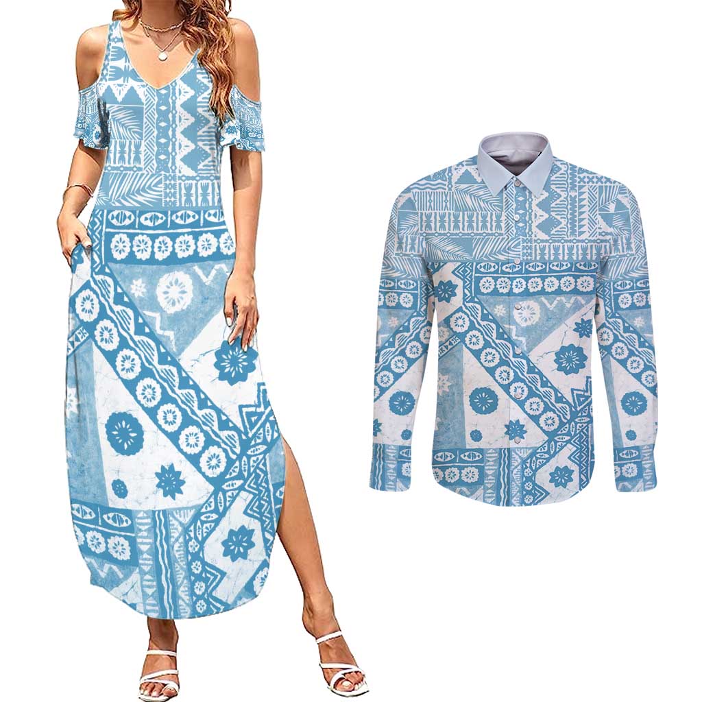 Blue Bula Fiji Couples Matching Summer Maxi Dress and Long Sleeve Button Shirt Unique Masi Tapa Pattern