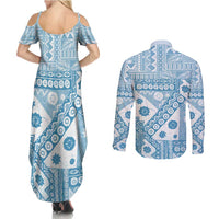 Blue Bula Fiji Couples Matching Summer Maxi Dress and Long Sleeve Button Shirt Unique Masi Tapa Pattern LT14 - Polynesian Pride