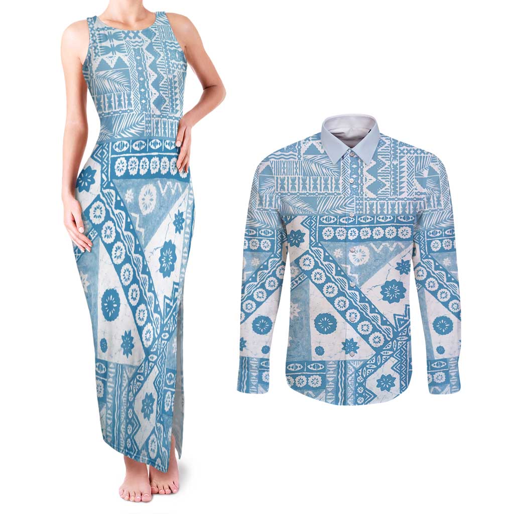 Blue Bula Fiji Couples Matching Tank Maxi Dress and Long Sleeve Button Shirt Unique Masi Tapa Pattern