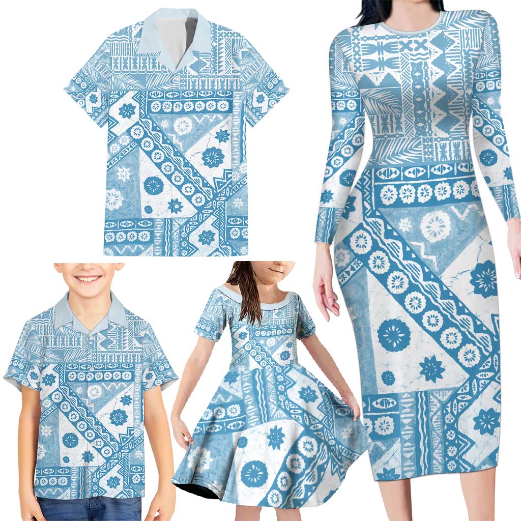 Blue Bula Fiji Family Matching Long Sleeve Bodycon Dress and Hawaiian Shirt Unique Masi Tapa Pattern