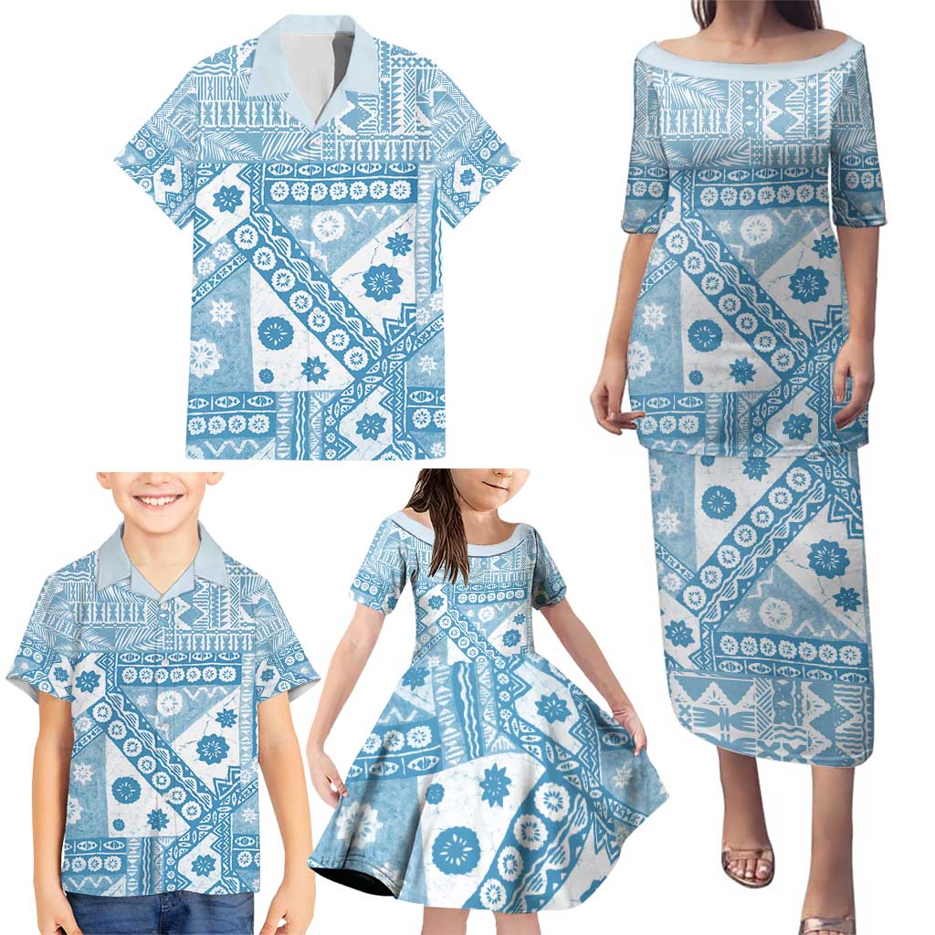 Blue Bula Fiji Family Matching Puletasi and Hawaiian Shirt Unique Masi Tapa Pattern