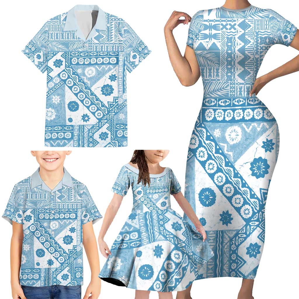 Blue Bula Fiji Family Matching Short Sleeve Bodycon Dress and Hawaiian Shirt Unique Masi Tapa Pattern