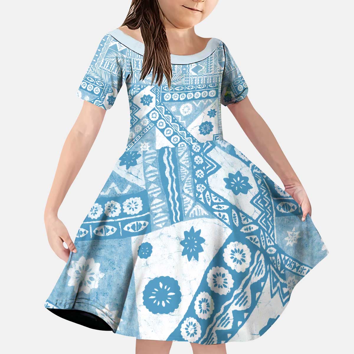 Blue Bula Fiji Kid Short Sleeve Dress Unique Masi Tapa Pattern LT14 KID Blue - Polynesian Pride