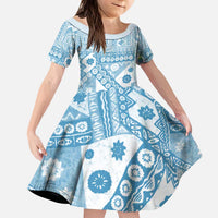 Blue Bula Fiji Kid Short Sleeve Dress Unique Masi Tapa Pattern LT14 KID Blue - Polynesian Pride