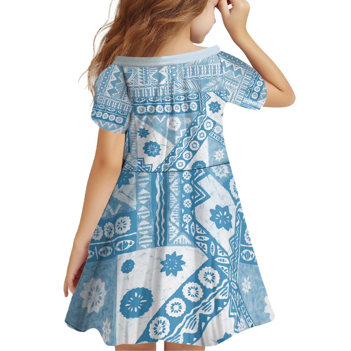 Blue Bula Fiji Kid Short Sleeve Dress Unique Masi Tapa Pattern LT14 - Polynesian Pride