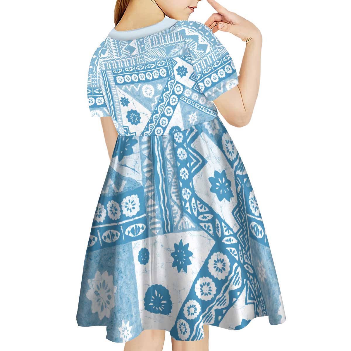 Blue Bula Fiji Kid Short Sleeve Dress Unique Masi Tapa Pattern LT14 - Polynesian Pride