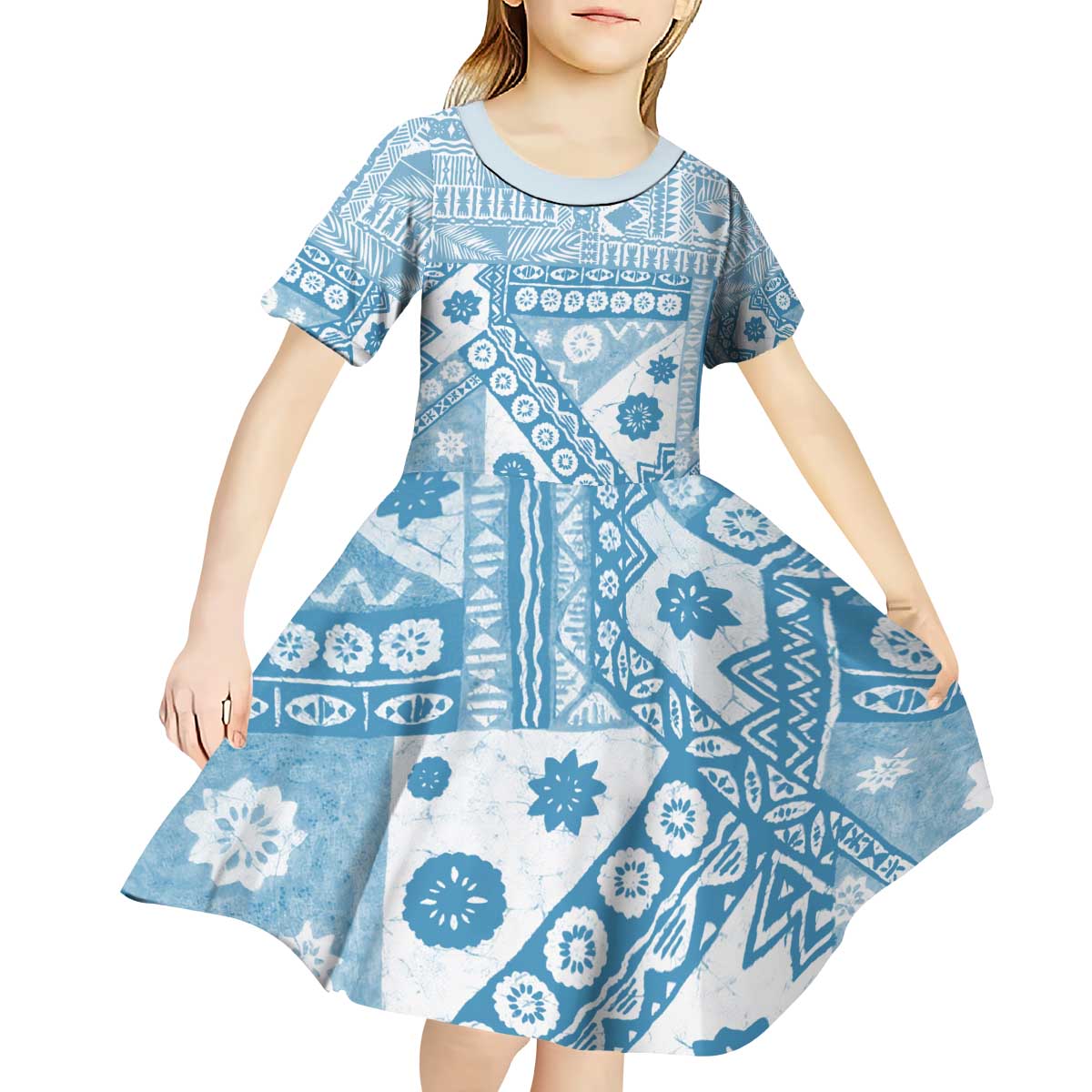Blue Bula Fiji Kid Short Sleeve Dress Unique Masi Tapa Pattern LT14 - Polynesian Pride