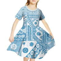 Blue Bula Fiji Kid Short Sleeve Dress Unique Masi Tapa Pattern LT14 - Polynesian Pride