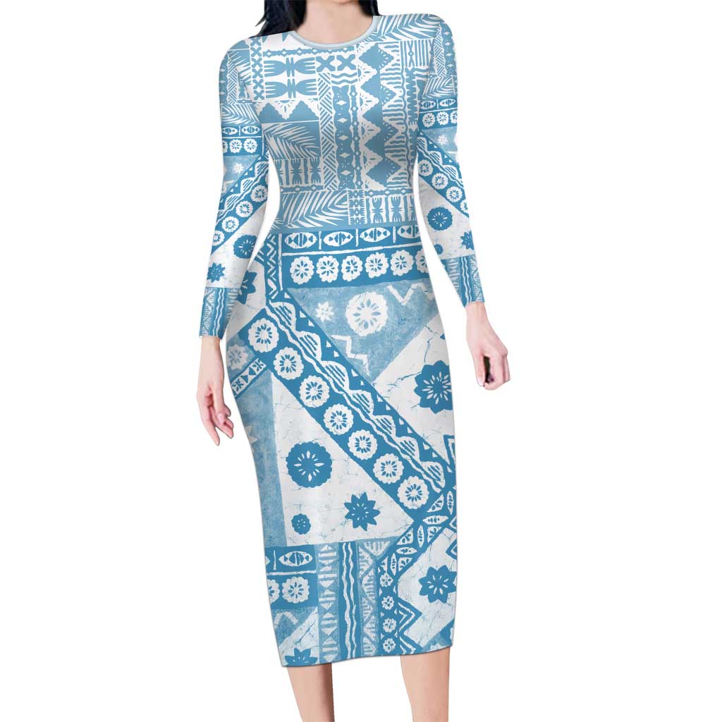 Blue Bula Fiji Long Sleeve Bodycon Dress Unique Masi Tapa Pattern LT14 Long Dress Blue - Polynesian Pride