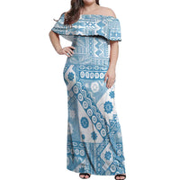 Blue Bula Fiji Off Shoulder Maxi Dress Unique Masi Tapa Pattern LT14 Women Blue - Polynesian Pride