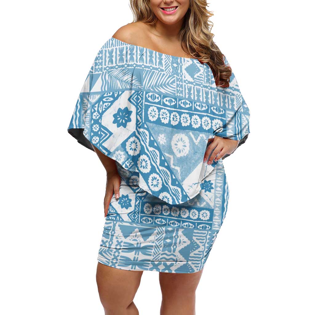 Blue Bula Fiji Off Shoulder Short Dress Unique Masi Tapa Pattern