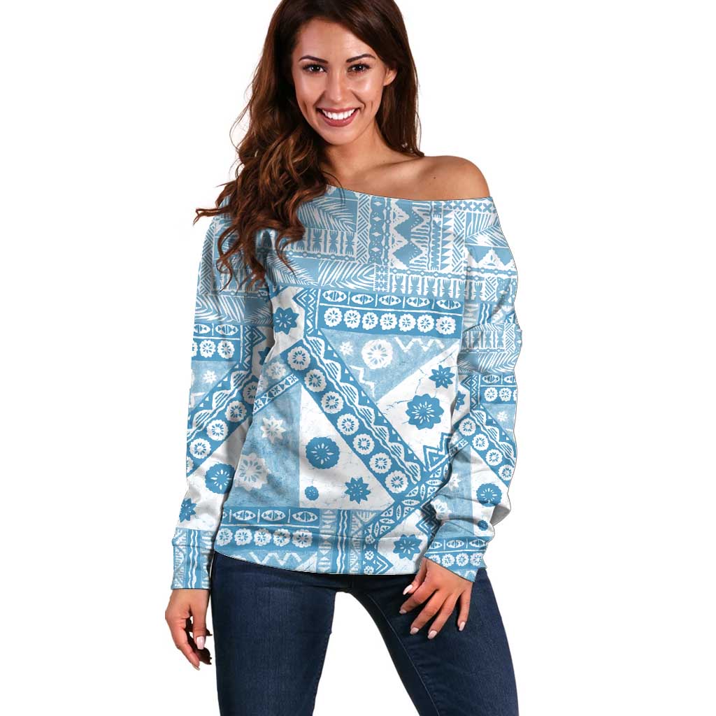 Blue Bula Fiji Off Shoulder Sweater Unique Masi Tapa Pattern LT14 Women Blue - Polynesian Pride