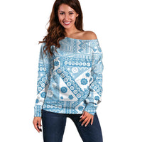 Blue Bula Fiji Off Shoulder Sweater Unique Masi Tapa Pattern LT14 Women Blue - Polynesian Pride