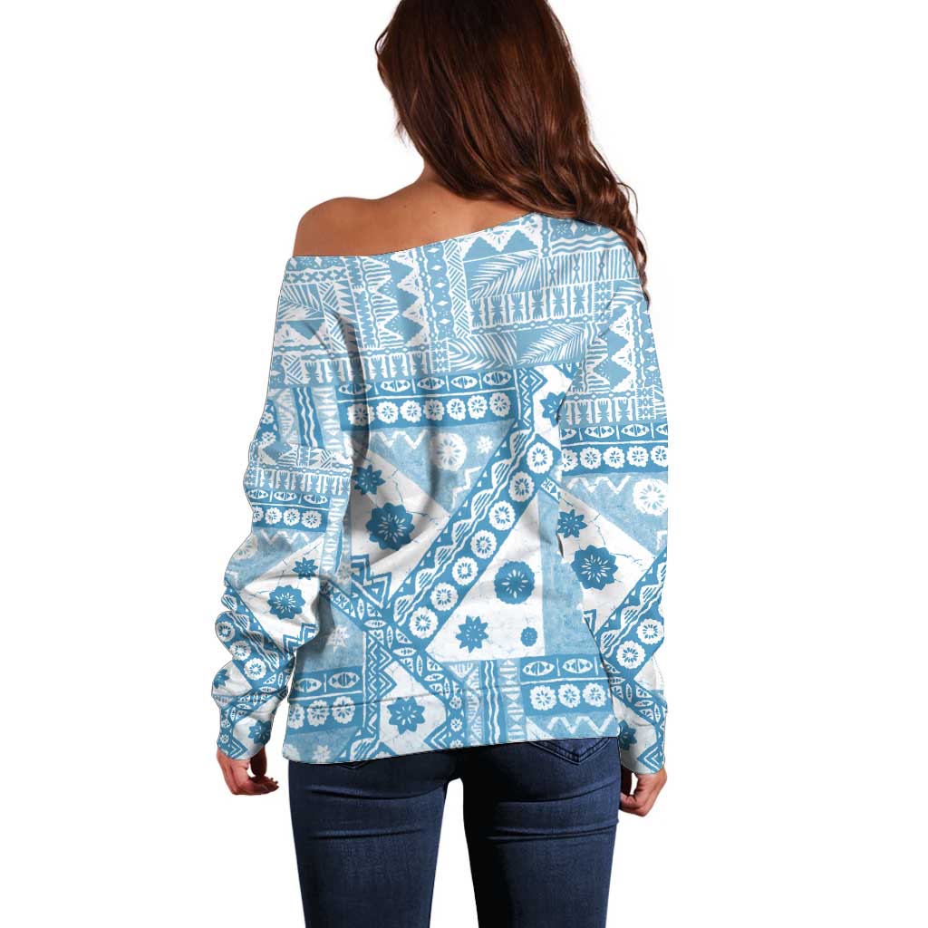 Blue Bula Fiji Off Shoulder Sweater Unique Masi Tapa Pattern LT14 - Polynesian Pride