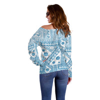Blue Bula Fiji Off Shoulder Sweater Unique Masi Tapa Pattern LT14 - Polynesian Pride